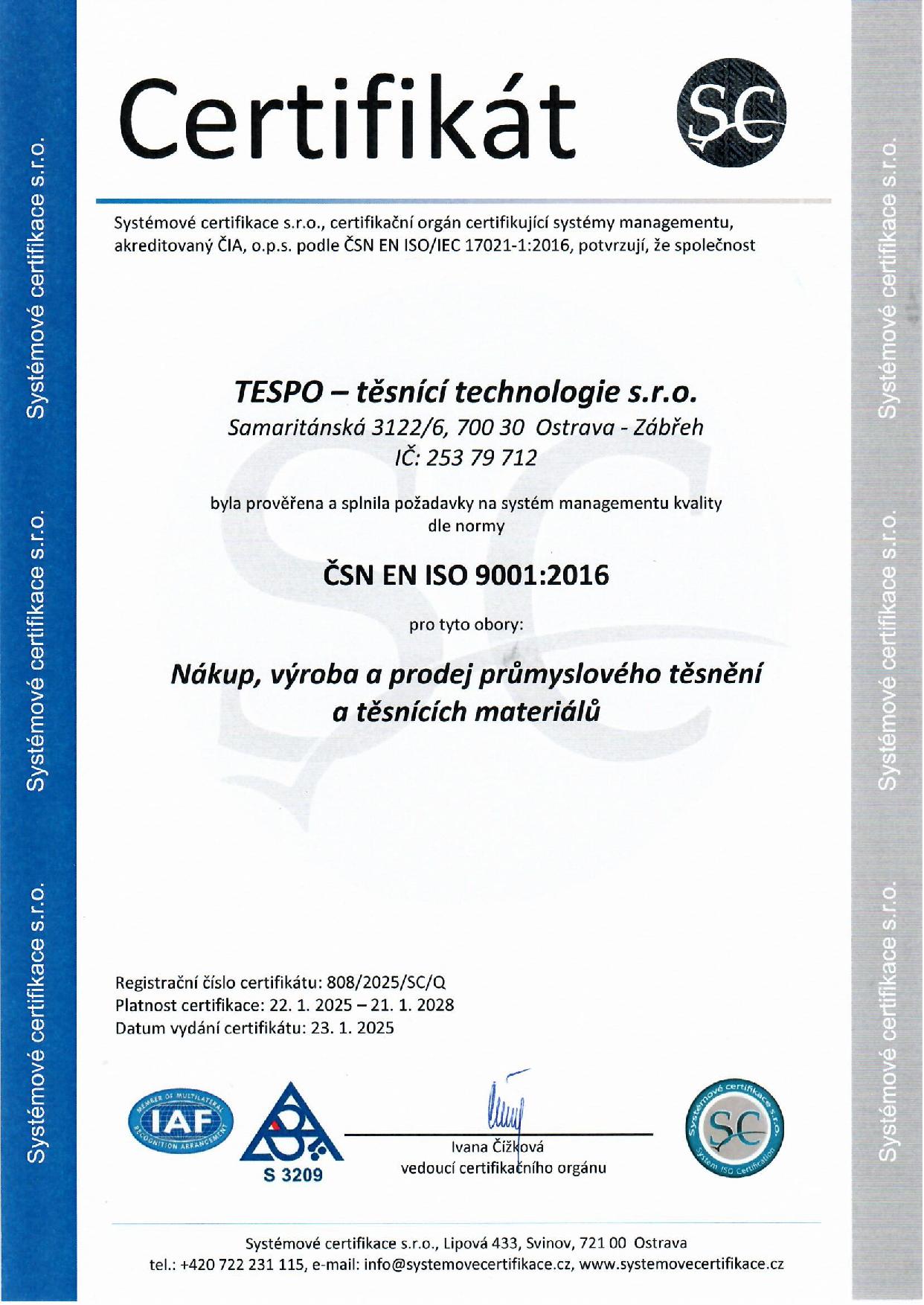 Certifikát ISO ČSN EN ISO 9001 2016 Těsnící materiály